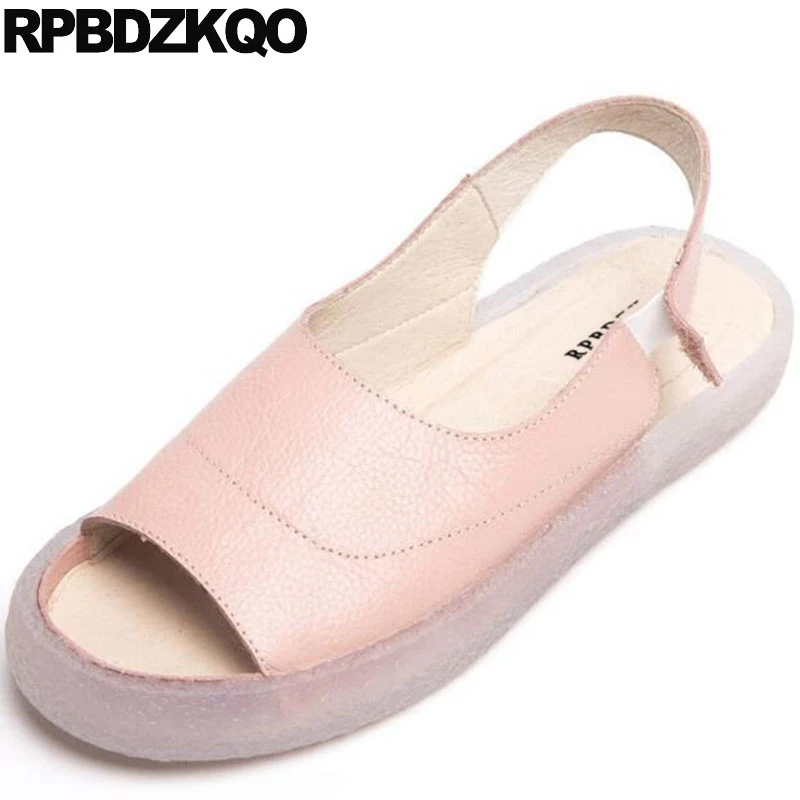 

Peep Toe Genuine Leather Strap Flat Runway Slingback Summer Shoes Ladies High Quality Designer Sandals Women Luxury 2018 Pink