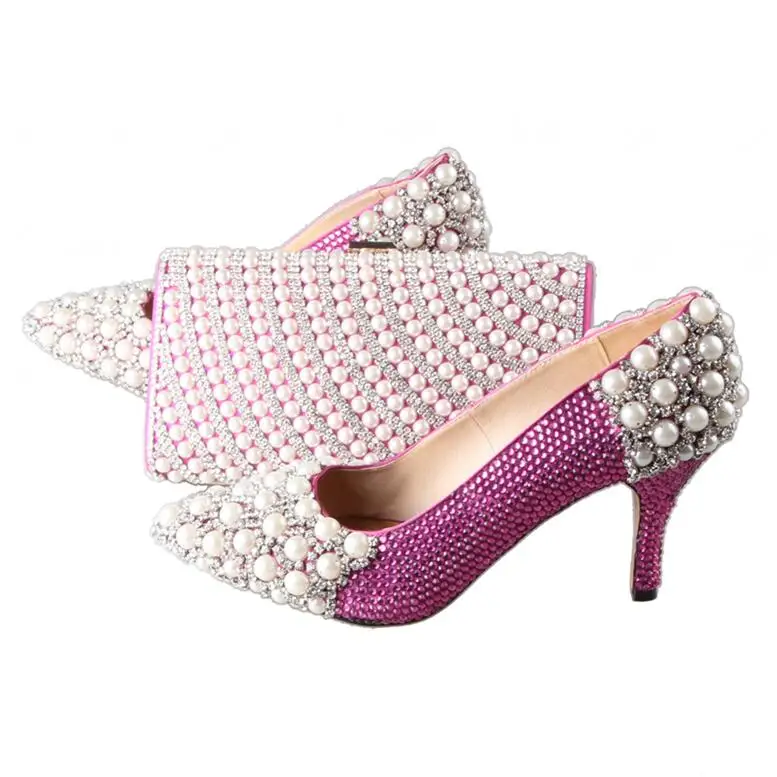 BS007 индивидуальный заказ острый носок золотые стразы Итальянская обувь с Комплект с сумочкой в тон Свадебная обувь для невесты женская обувь нарядные туфли-лодочки - Цвет: fuchsia shoes bag