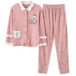 Милый принт коровы Домашняя одежда карман пижамы оборками для девочек пижамный комплект из хлопка с длинными рукавами штаны с эластичной