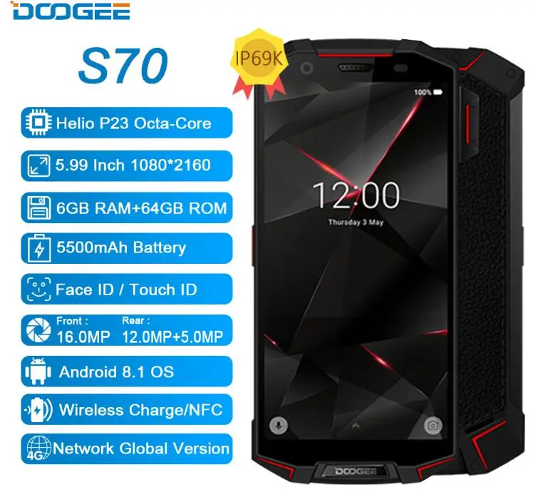 DOOGEE S70 IP68 Водонепроницаемый Helio P23 Octa Core 5 99 дюйма 18:9 6 ГБ + 64 GB Беспроводной зарядки