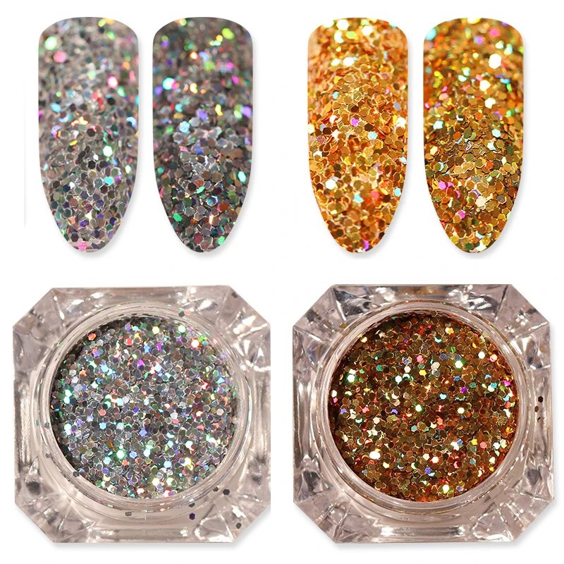 

2 Boxes Set Gold Silver Holo Glitter Flakies 0.6mm Hexagon Nail Sequins Paillette Manicure Tips Gorgeous Nail Art Decoration