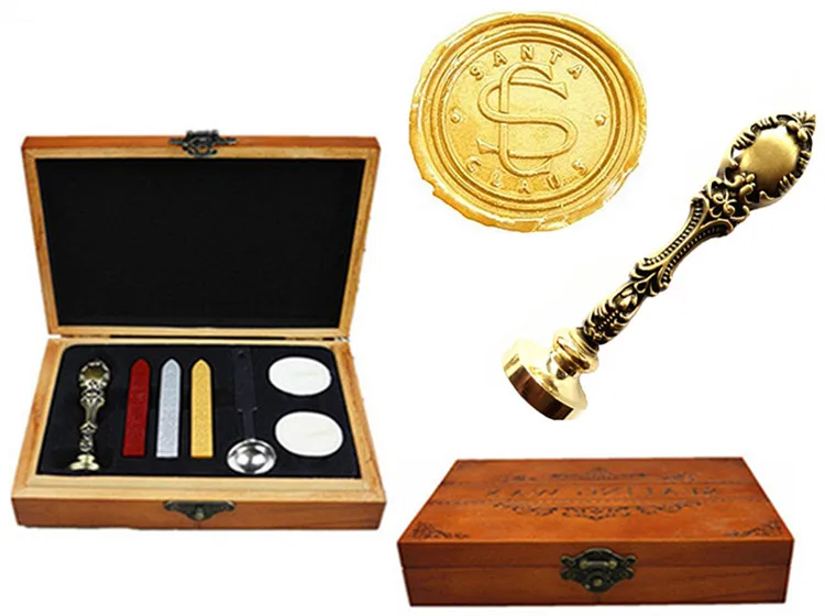 

Vintage Santa Claus Christmas Luxury Wax Seal Sealing Stamp Brass Peacock Metal Handle Sticks Melting Spoon Wood Gift Box Set
