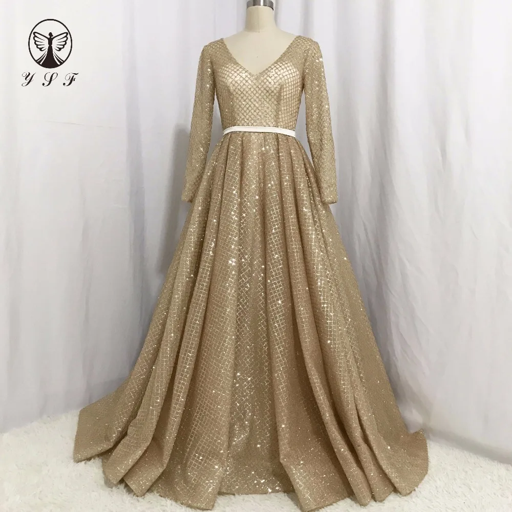 

Simple but Elegant Golden Plunging V Neck Long Sleeve Pleated Bling Bling A Line Prom Dresses