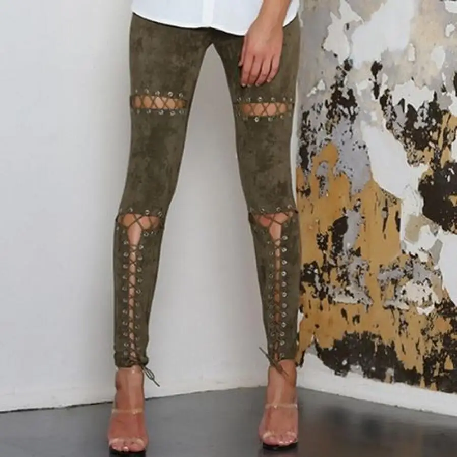 

Cool Faux Suede Women String Tide Long Pants Fashion Punk Lady Bottoms Elastic Waist