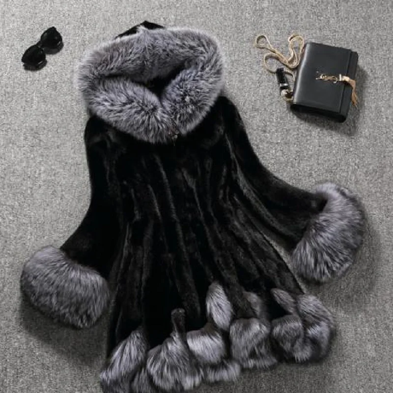 

OLGITUM High Imitation Fur Coat Women Silver Fox Fur Collar Hooded Mink Medium-long Overcoat Plus Size S-6XL Winter Coat FF043