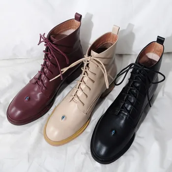 

GPOKHDS 2020 women ankle boots soft cow leather eye hole winter short plush round toe high heels female boots size 34-43