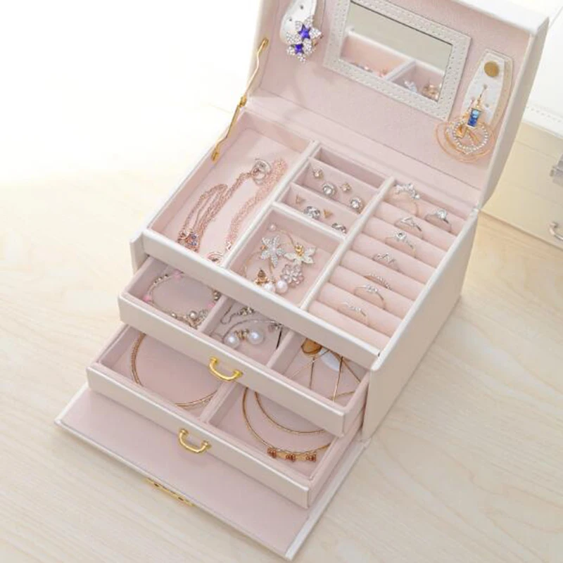 

LuxJuly Jewelry Storage Box with Drawer Portable Cosmetic Case Multi-Layer Solid Color PU Leather Jewelry Package