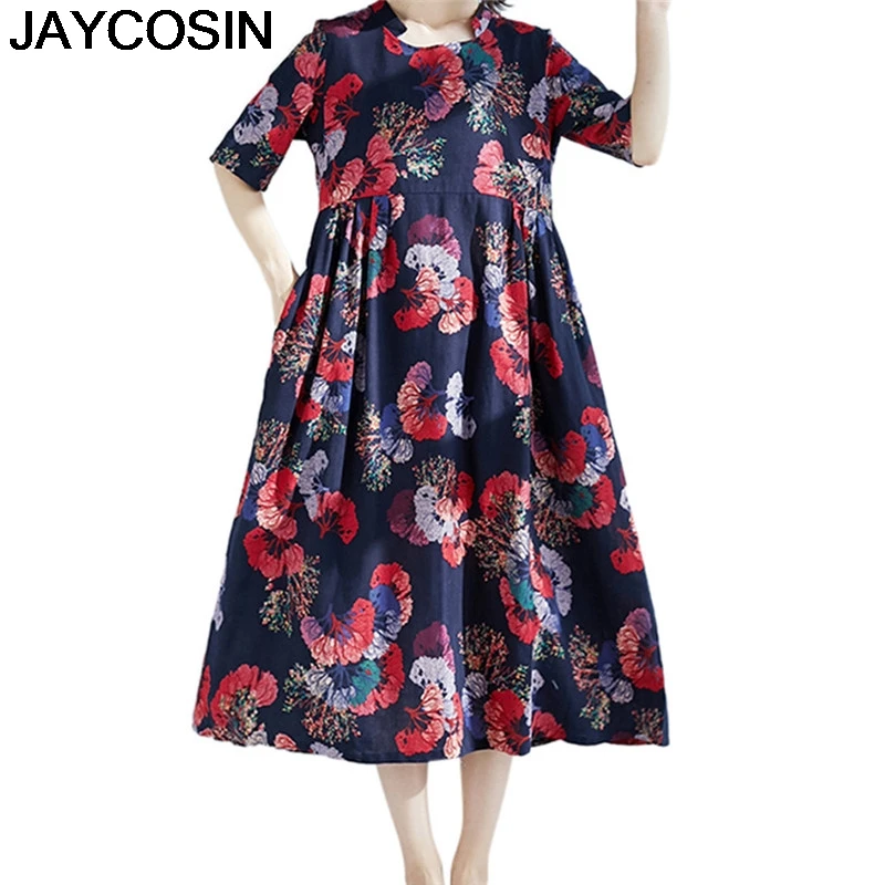 JAYCOSIN новые летние женские платья винтажное хлопковое и льняное свободное платье с коротким рукавом и круглым вырезом с принтом модное свободное платье Vestido je20