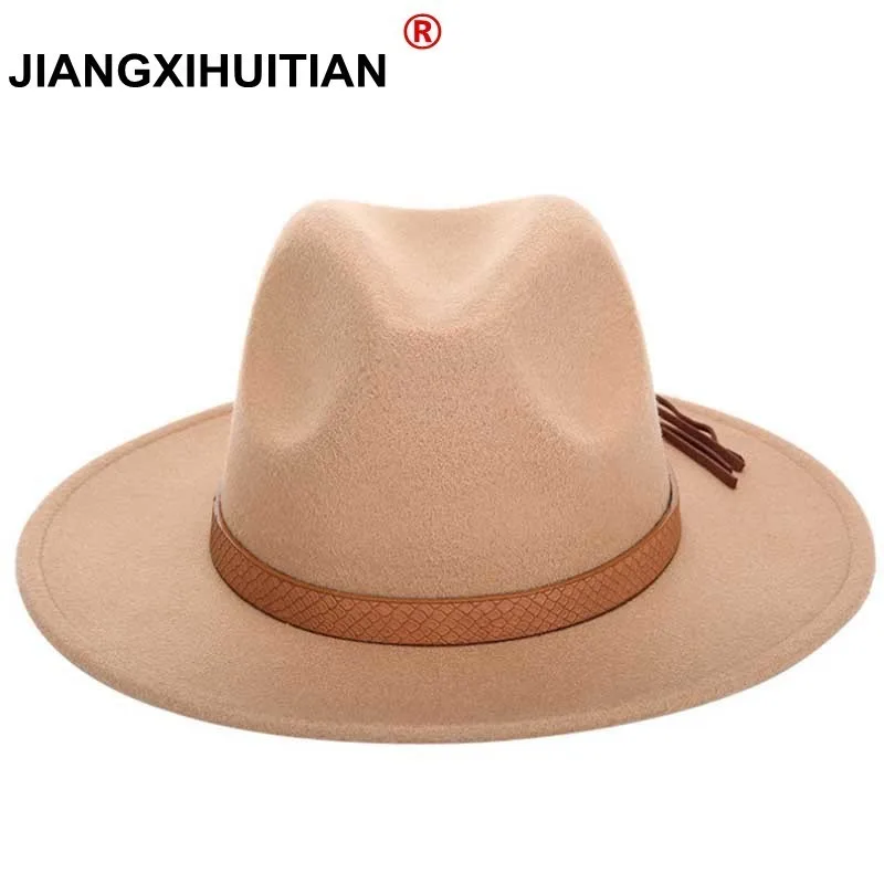

2017 new Wool Solid Fedoras Hats Women and Men Wide Large Flat Brim Crocodile skin tassel Decoration Vintage Cashmere Jazz Caps