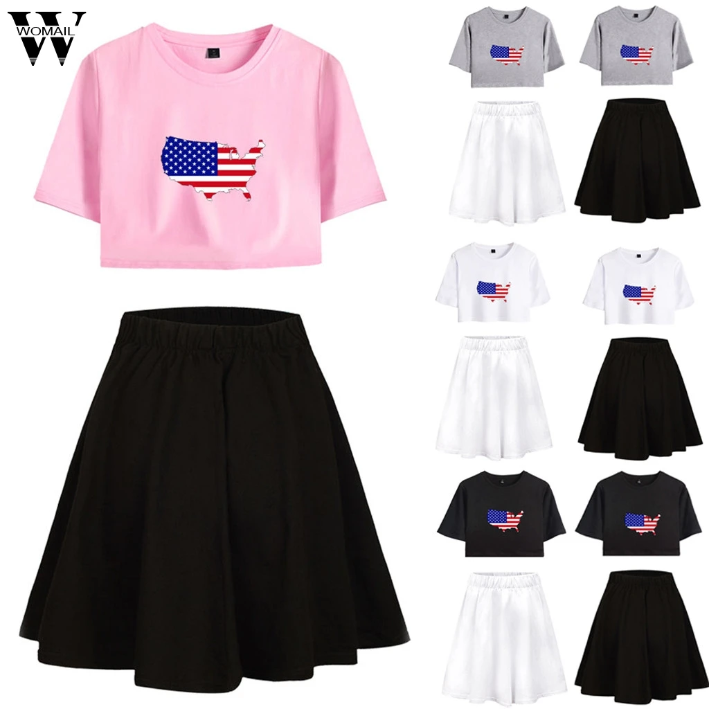 

Womail tracksuit Summer Women 2PCS American Flag print Loose Short Sleeve Top+Skirt Set Casual Suit Simplicity Casual J624