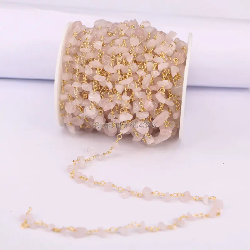

5 meters Pink Quartz Chip Beads Gem stone Chain, Golden plated Brass Wire Wrapped Rosary style Chains Necklace Jewelry Findings