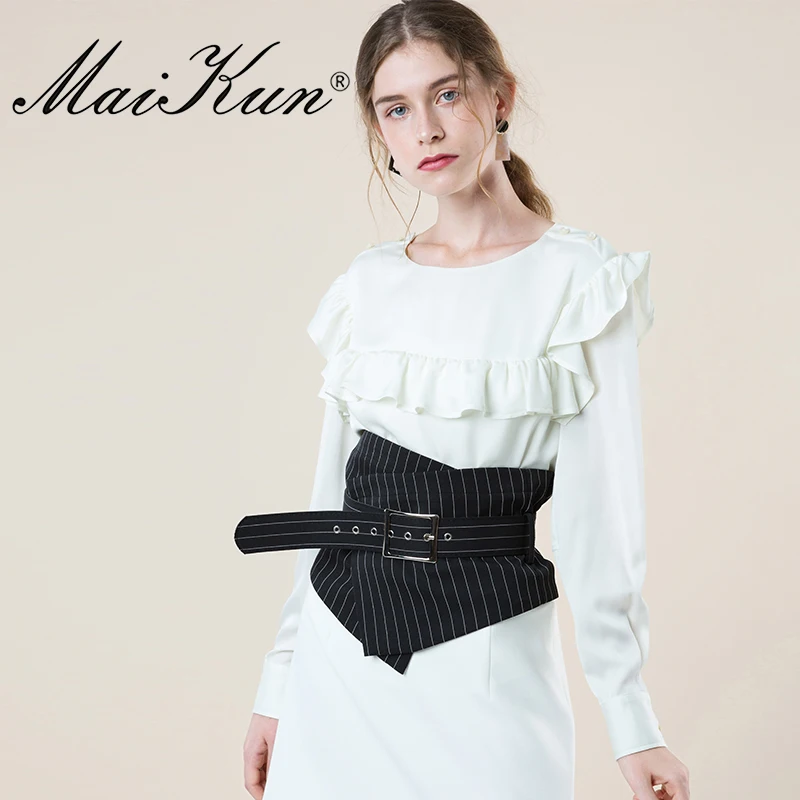

European Style Striped Wide Belts for Women's Irregular Plaid Cummerbund for Elegant Dress Vintage Fabric Pin Buckle Women Belt