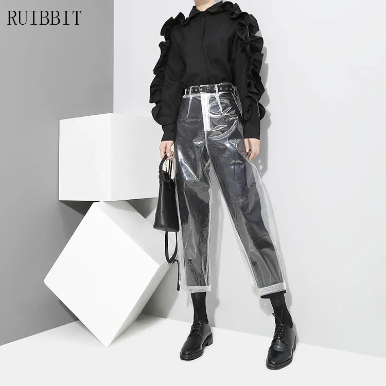 

2018 New Arrival Autumn Winter Punk Cool Fashion Women Transparent Pants Female Casual Loose PU Pencil Pants Europe Streetwear