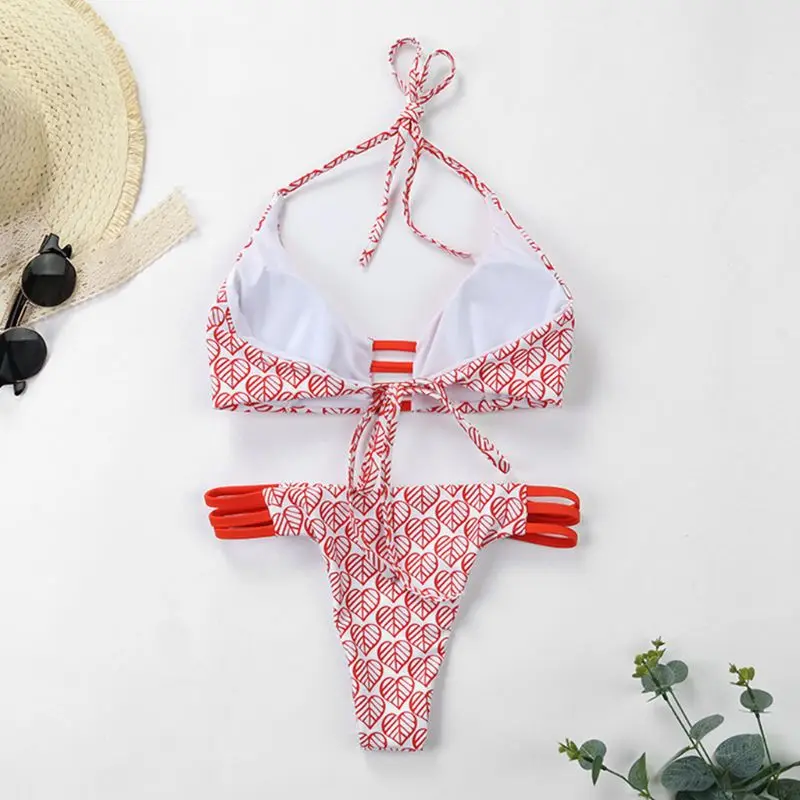 

Womens Two Piece Bikini Set Halter Deep V-Neck Bra Low Waist Thong Hollow Out Multi Straps Bandage Swimsuit Boho Geometric Strip