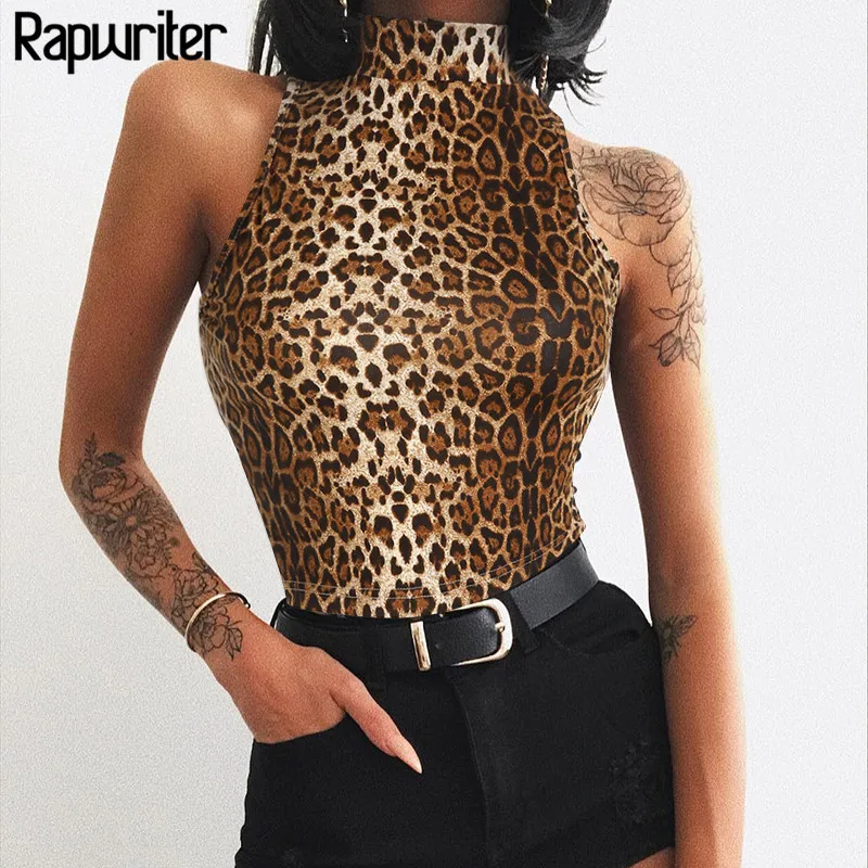 

Rapwriter Casual Stand Collar Stretch Leopard Tank Tops Women 2018 Heat Streetwear Sleeveless Bodycon Camisole Crop Top female