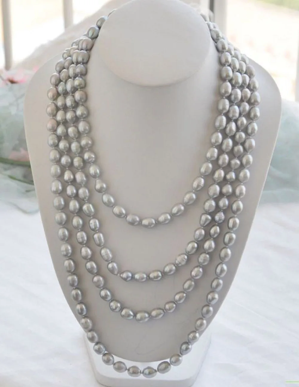

Long 100" 8-9mm NATURE silver gray rice freshwater pearl necklace