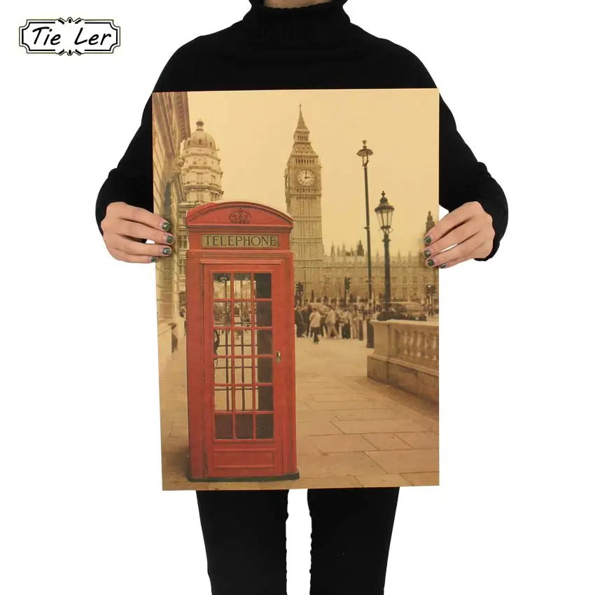 

London Red Telephone Booth Kraft Paper Poster Livingroom Bedroom Home Decor Retro Landscape Wall Sticker 51.5x36 cm