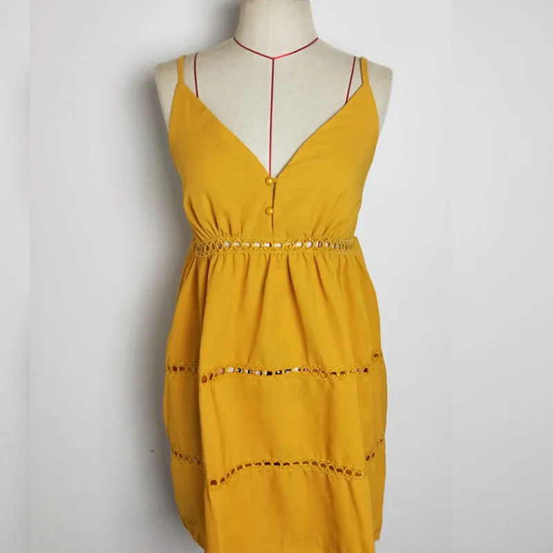 DeRuiLaDy женское сексуальное кружевное мини платье v-образным вырезом пуговицами милое женское летнее платье бретельках женские повседневное пляжное платья - Цвет: Цвет: желтый