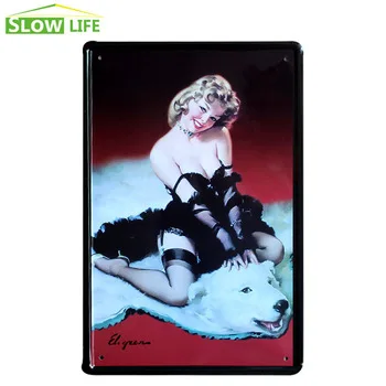Sexy Girl On Bear Carpet Metal Tin Sign Bar Wall Decor Metal Sign Vintage Home Decor Metal Plaque Retro Painting Metal Plate