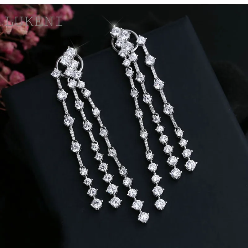 

LUKENI New Design Elegant White Color Cubic Zircon Geometric Tassels Earrings For Wedding Bride Jewelry