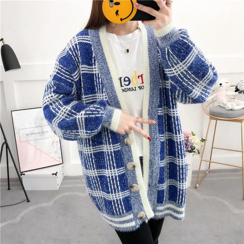 New Autumn Winter Women Sweater Casual Loose Knitted Outerwear Long sleeves Plaid Cardigan For Lady Office Casual V Neck