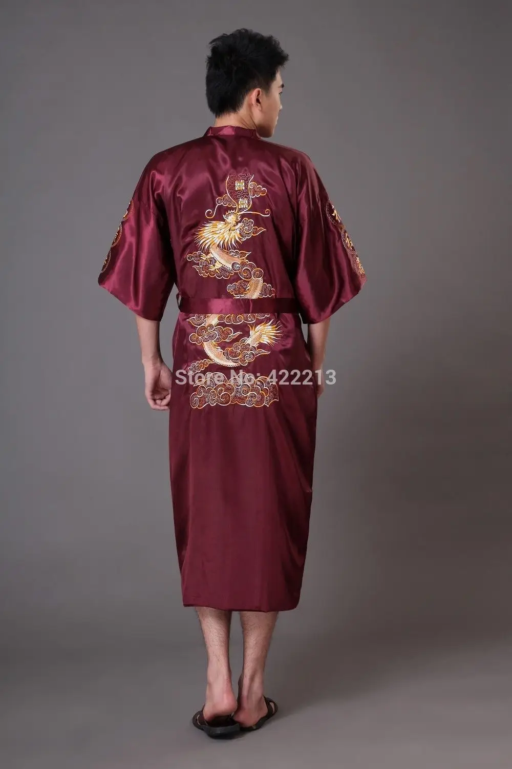 Китайская мужская шелковая атласная Вышивка в виде дракона юката кафтан халат платье с поясом M L XL XXL XXXL MR0016