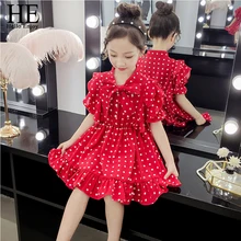 HE Hello Enjoy Summer Girls Clothing Girls Dress Bowknot Polka Dot Chiffon Dress Girl Princess Dresses Kids Clothes Fashion