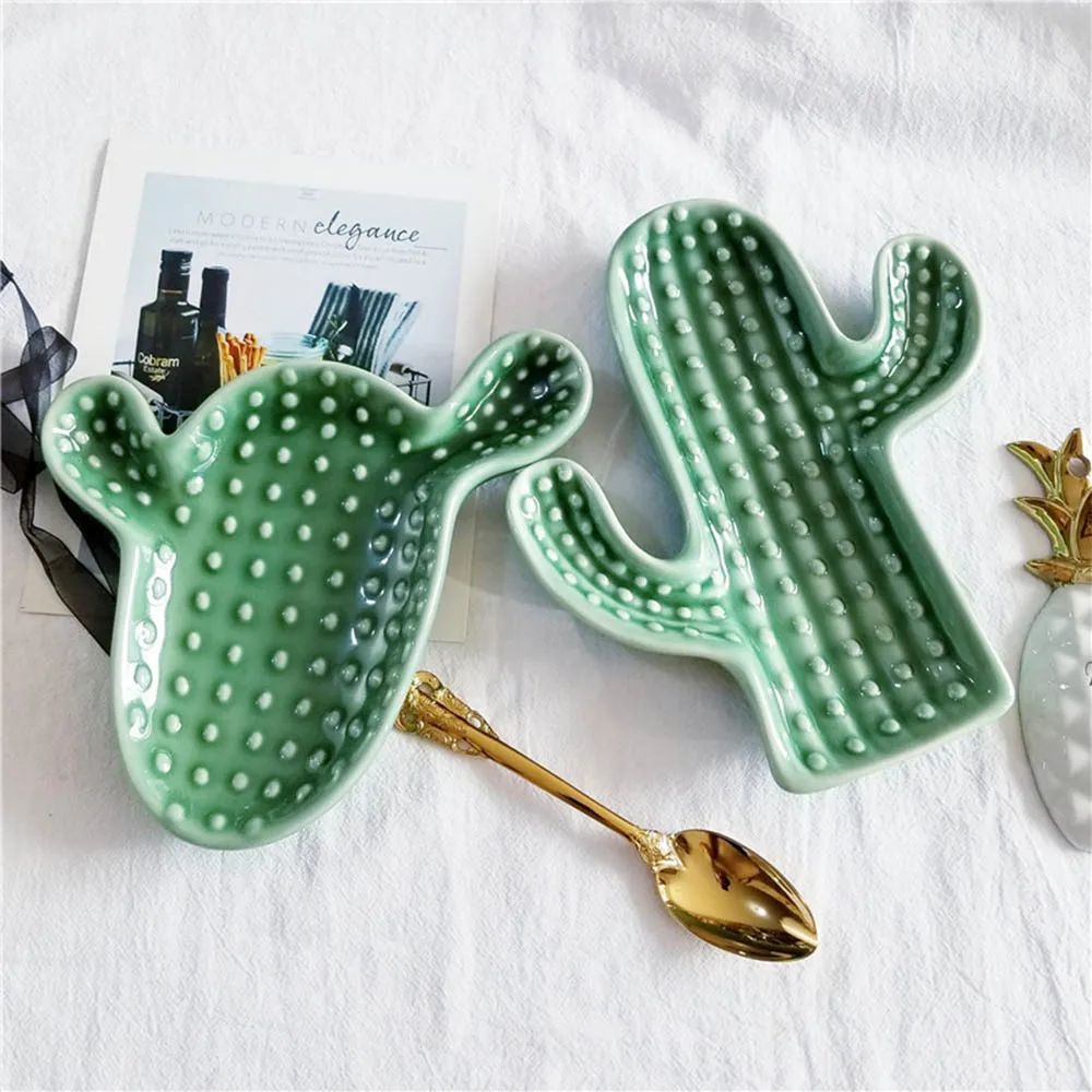 

Green Cactus Jewelry Tray Nordic Ceramic Storage Trays Desktop Fruit Dessert Dish Table Decoration Props