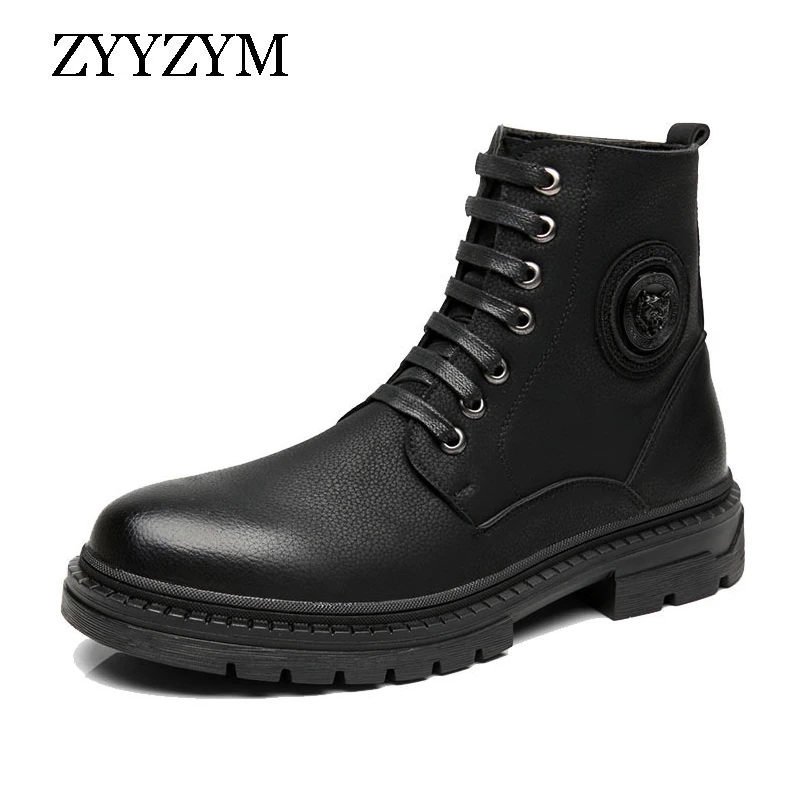 

ZYYZYM Men Boots Leather Spring Autumn Ankle Boots Men All Black Retro Men Motorcycle Boots High-Top Shoes Men Zapatos De Hombre