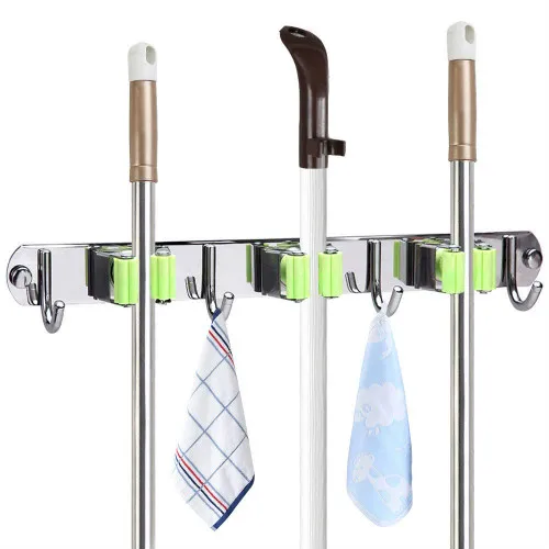 

Mop and Broom Holder Wall Mount, Stainless Steel Heavy Duty Broom Organizer, Screws or Self Adhesive Broom Hangers, Tools Holder