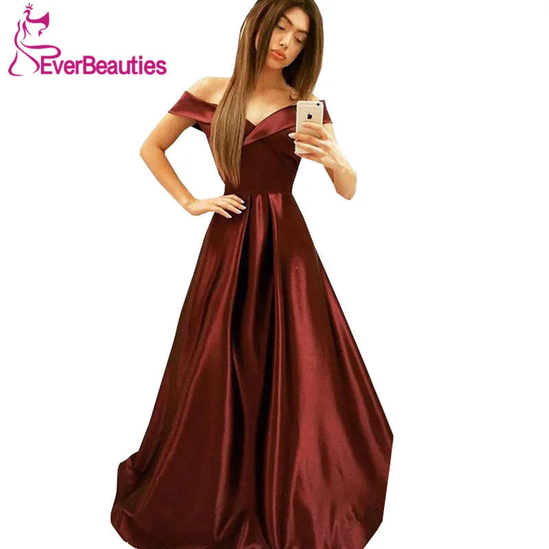 

Burgundy Evening Dresses Long 2019 Satin Off the Shoulder Evening Party Dresses Prom Gown Robe De Soiree Formal Dress
