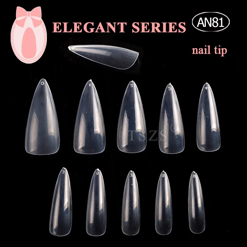  1bag/lot 500pcs Long Almond Clear ABS Nails Full Cover Stiletto Pointy False Tips artificial
