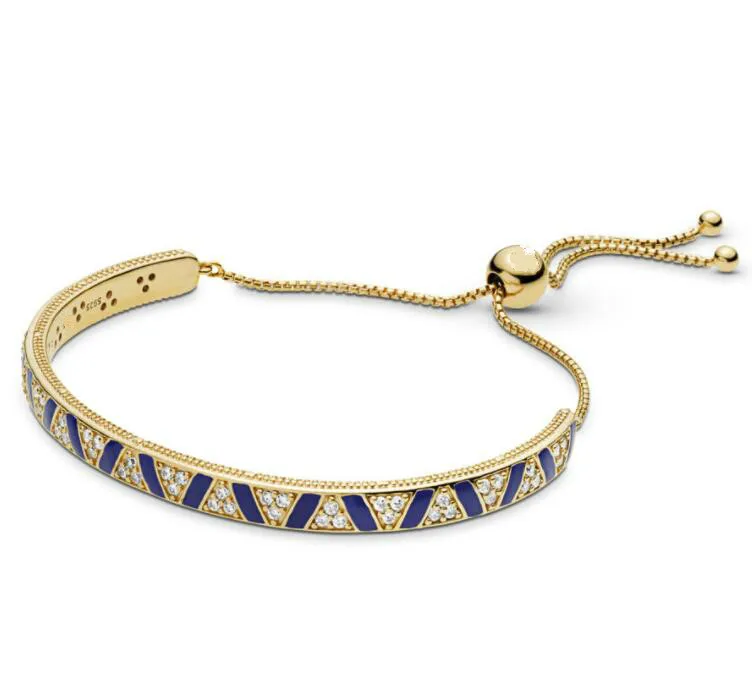 

Original 925 Sterling Silver Pandora Gold Exotic Stones And Stripes Sliding Bangle Bracelet Fit Women Bead Charm Jewelry