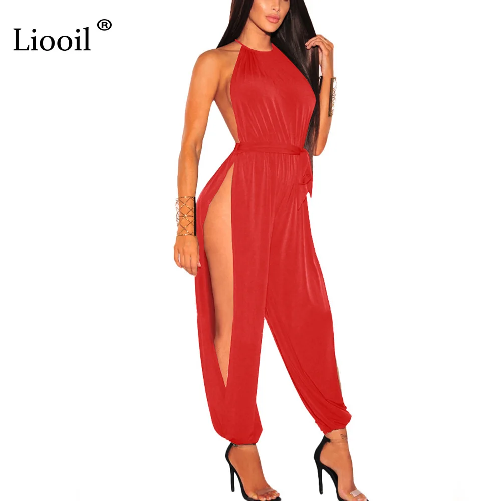 

Liooil Asymmetrical Slit Sexy One Piece Jumpsuit Clubwear 2019 Women Loose Night Out Outfits Belt Party Rompers Womens Jumpsuit