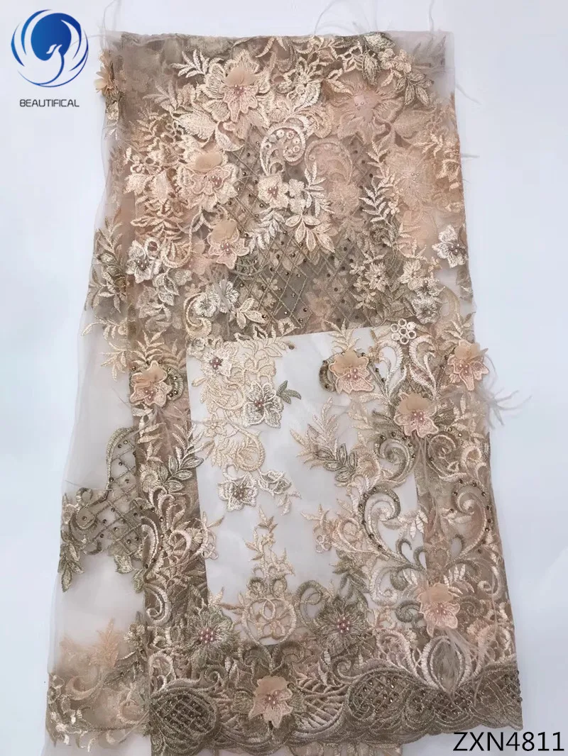 

Beautifical 3d lace fabrics african tulle lace 2018 high quality french 3d lace fabrics with beads for women 5yards/lot ZXN48