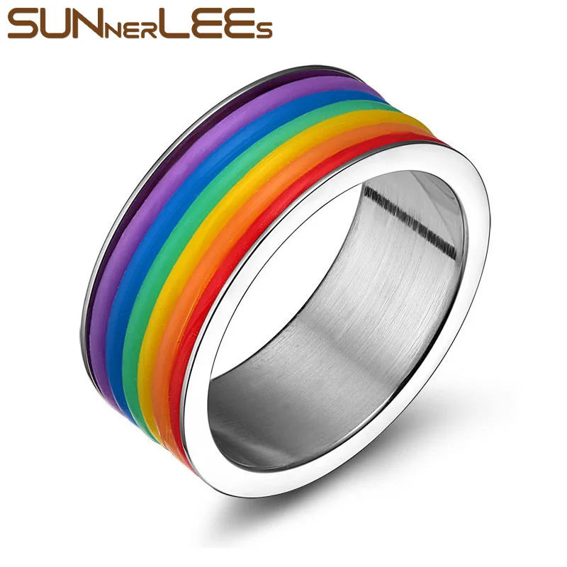 

SUNNERLEES Titanium Stainless Steel Rings High Quality Silicone Rainbow Ring Silver Men Women Jewelry Gift PR-001