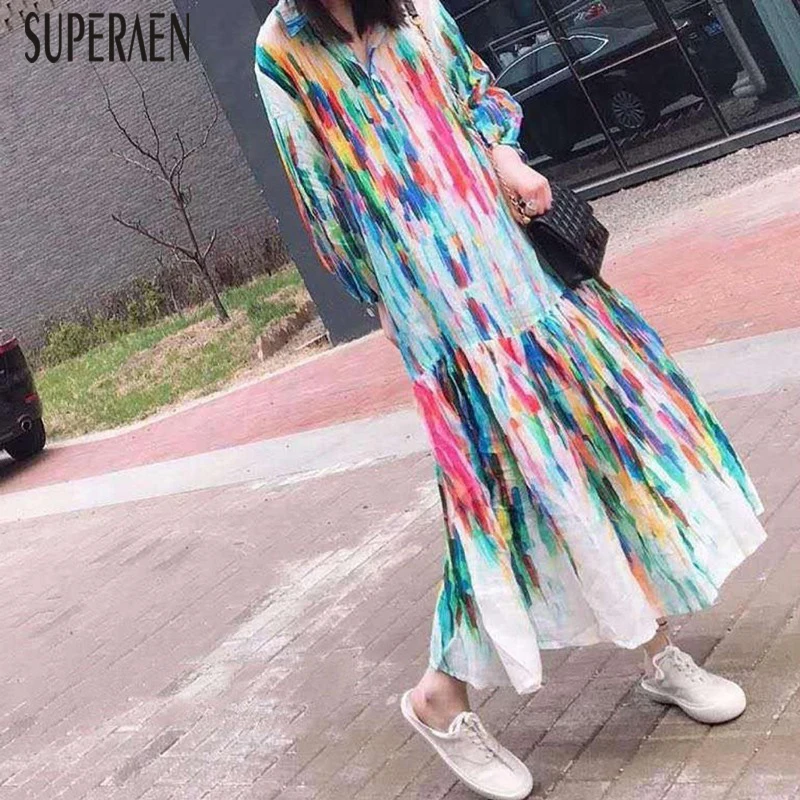 

SuperAen 2019 Women's New Lapel Women Long Dress Cotton Casual Fashion Print Ladies Dress Summer Wild Women Clothing