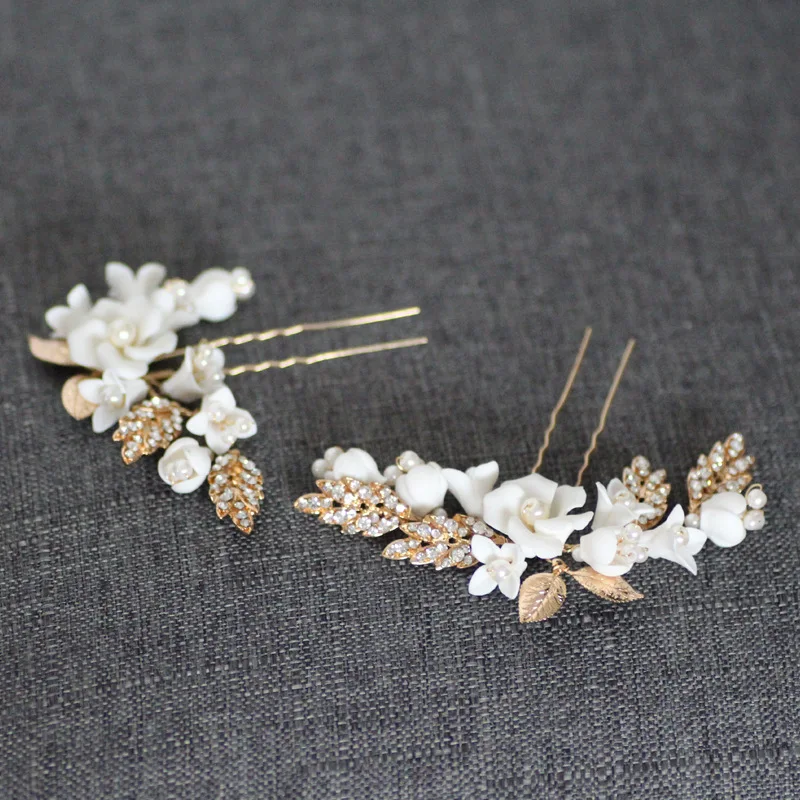 Jonnafe фарфоровый цветок свадебные заколки для волос кусок золотой лист свадебное украшение ручной работы женские аксессуары для волос на выпускной вечер