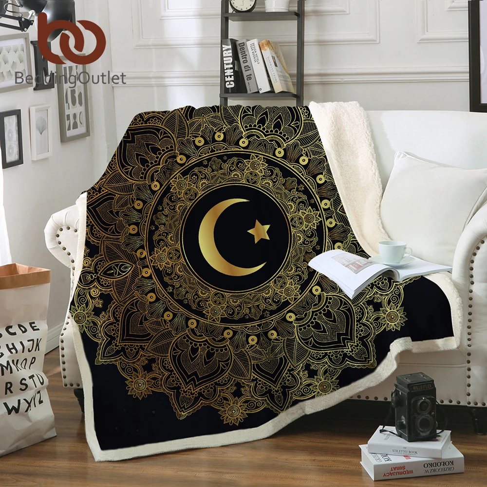 

BeddingOutlet Golden Mandala Sherpa Blanket for Beds Velvet Plush Flowers Star Moon Throw Blanket Floral Boho Bedding 150x200cm