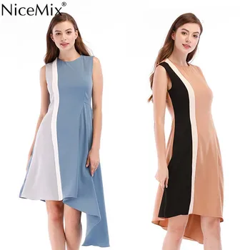

NiceMix 2019 women apricot and blue commuter splicing contrast color sleeveless Knee-Length dress Patchwork A type dresses