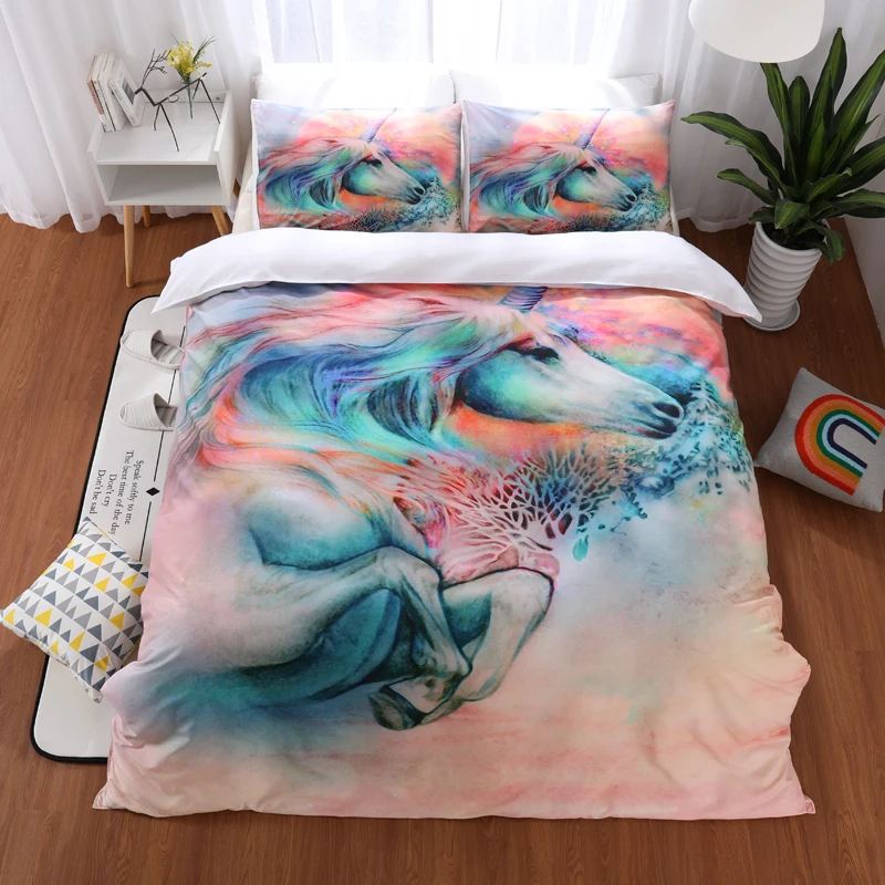 

Papa&Mima Colorful unicorn print Simple style Polyester Queen King size duvet cover pillowcases sets no Sheet Dropshipping