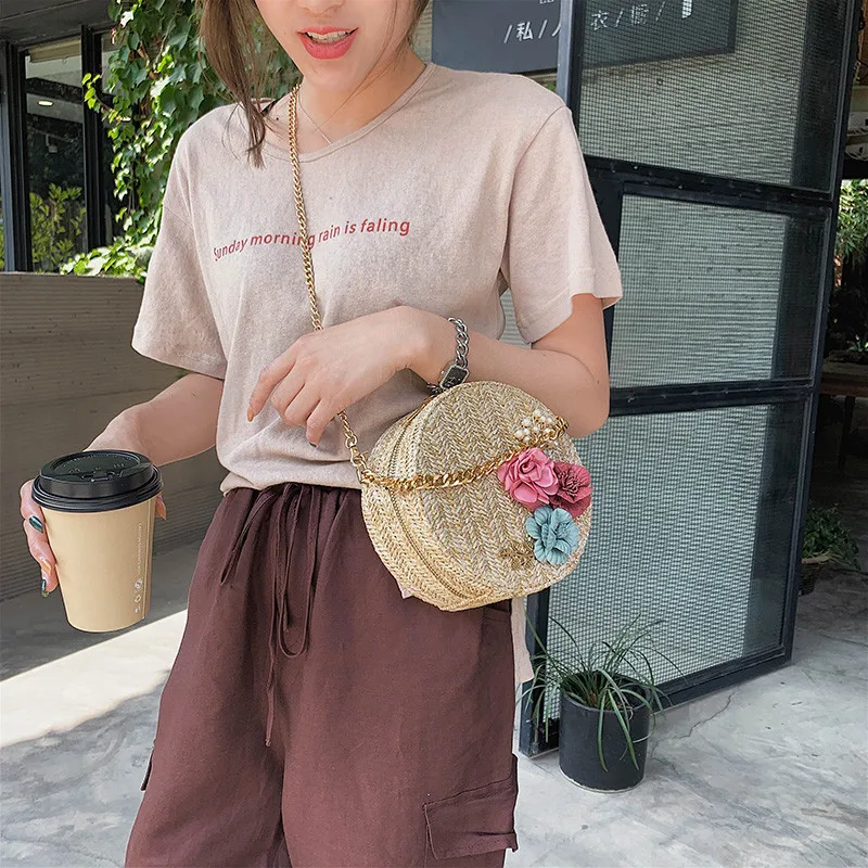 

2019 Round Straw Bags Women Summer Rattan Bag Handmade Woven Beach Bag Flower Chain Crossbody Shoulder Bag Circle Handbag Female