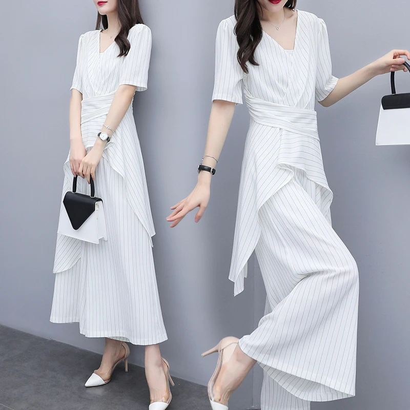 

White Stripe Goddess Two Piece Set Summer Costumes For Women Stylish Ol Conjunto Feminino Ensemble Femme Survetement Pant Suit