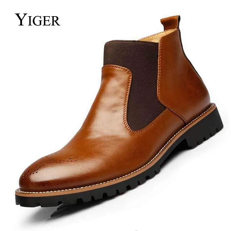 Comprar YIGER nuevas botas Chelsea para hombres botas de gran tamaño negro marrón rojo vino estilo británico botas de hombre de cuero suave envío gratis 0001