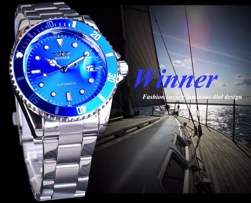 Winner роскошный бренд дизайн синий океан ободок креативные часы для мужчин Лидирующий бренд светящиеся повседневные с календарем автоматические механические часы