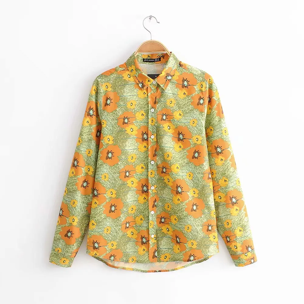 women sweet yellow and green flower print blouse fashion casual shirt women office wear