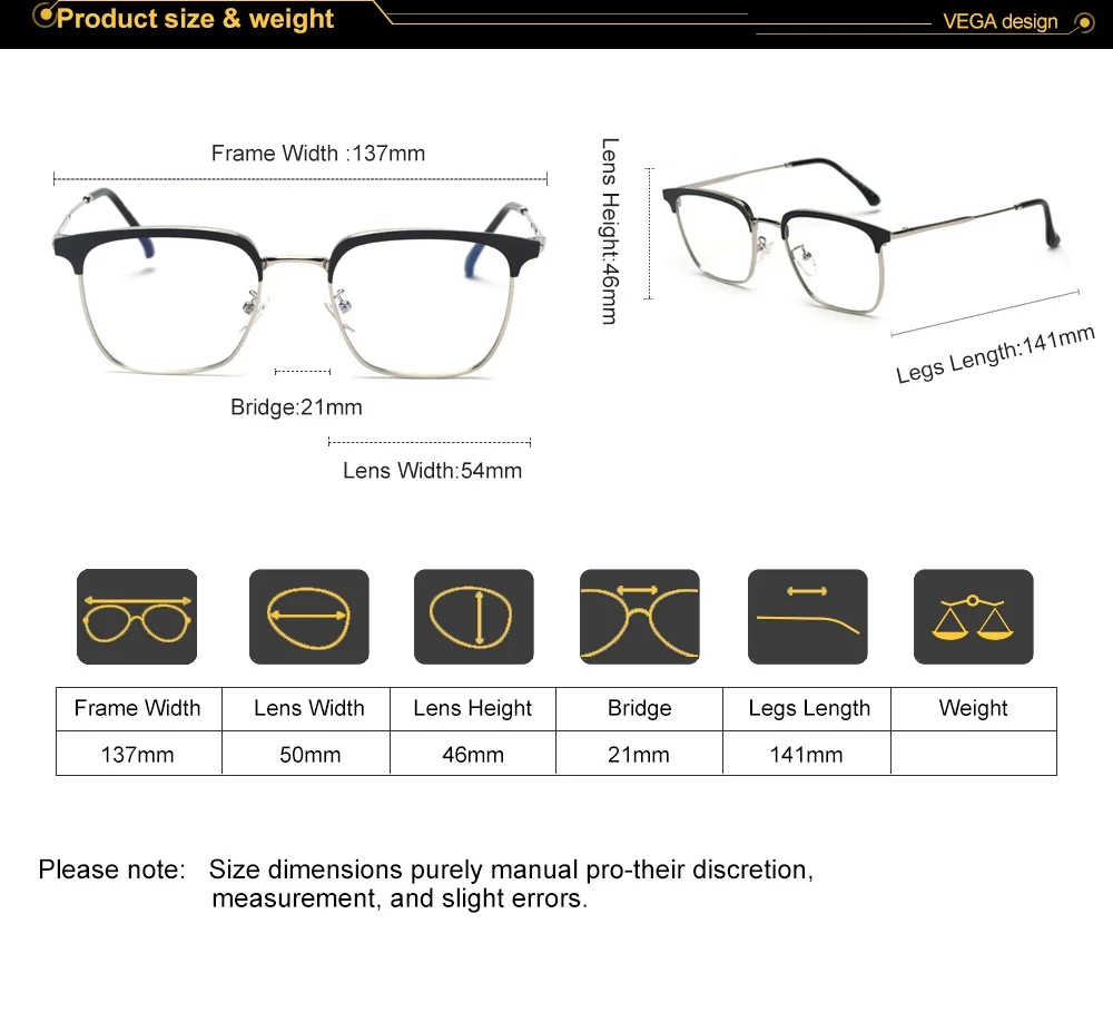 VEGA Eyewear Semi-rimless Vintage Glasses Frame Women Men Fashionable Spectacle Frame Gold Square Eyeglasses Frames VG255 (9)