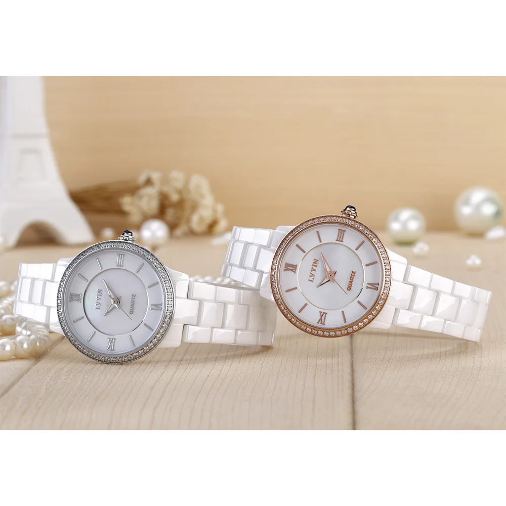 Lvyin Брендовые женские часы водонепроницаемые кварцевые женские наручные часы с бриллиантами роскошные женские керамические часы белое золото серебро