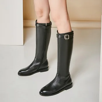 

MLJUESE 2020 women knee-high boots cow leather buckle strap winter black color short plush high boots women boots size 34-43
