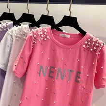 Летняя женская хлопковая Футболка с буквенным принтом, повседневные топы с короткими рукавами, милые футболки с бисером для девочек, универсальные студенческие короткие футболки, WZ396